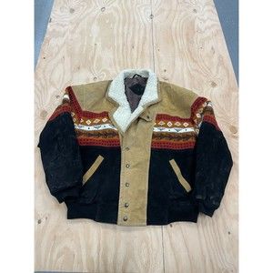 Vintage Suede Sherpa Jacket Coat Southwestern Pattern Mens Size Large WIB
